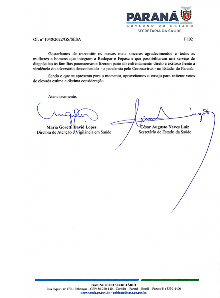 Paraná: Ofício de Agradecimento SESA - Of. n° 1040/2022/GS/SESA